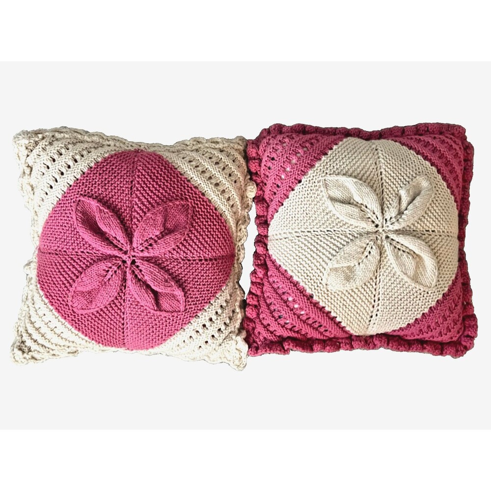 Vtg 2pc Handmade Crochet 14" Throw Pillows Pink Cream Coquette Cottage Twee